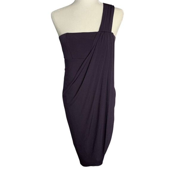 Suzi Chin One Shoulder Faux Wrap Dress 6 Dark Grey Draped Padded Bust Zip NEW - Picture 1 of 7